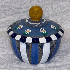 VTG Hand Painted Stripes Floral Anchor Hocking Glass Dish w/ Lid Vanity Jar
